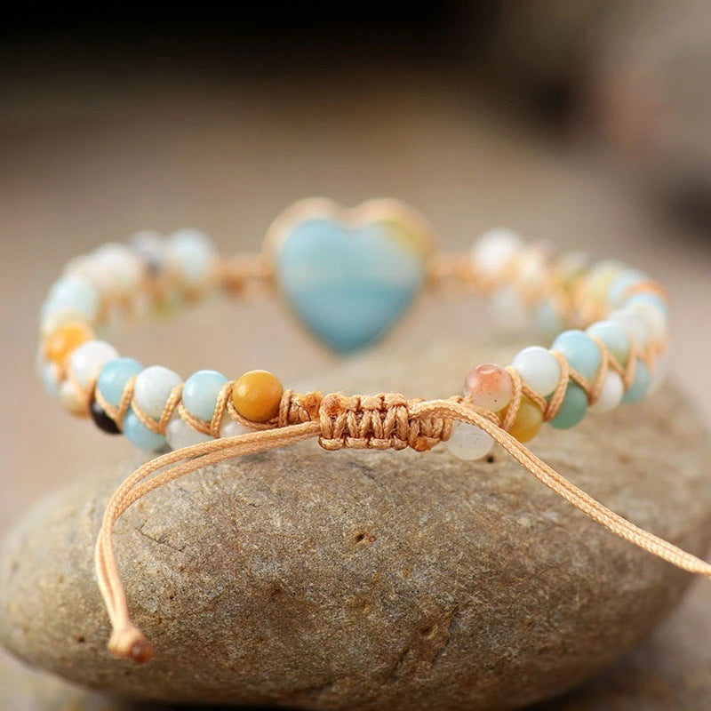 Blue Stone Woven Bracelet With Peach Heart-Shaped Stone